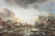 Aert van der Neer, A Frozen River by a Town at Evening